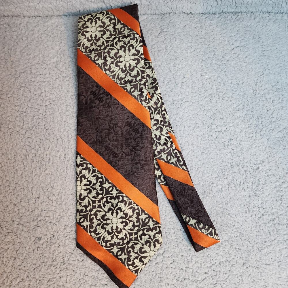 70s Tie Sears Mens Shop Floral Striped Print Brown Orange Necktie 70s Vintage